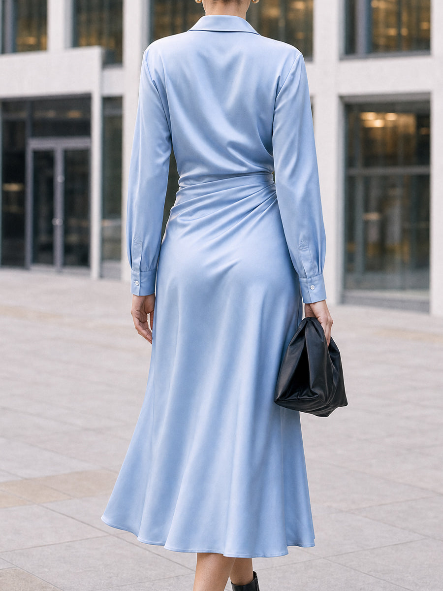 Satin Wrap Midi Dress with Collar and Long Sleeves