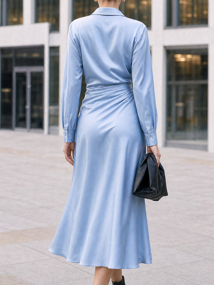 Satin Wrap Midi Dress with Collar and Long Sleeves