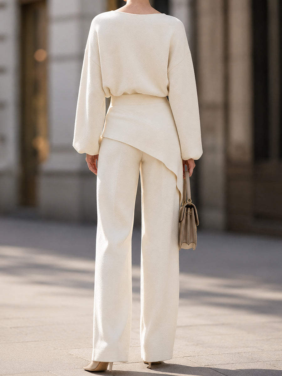 Asymmetric Peplum Knit Top & Wide-Leg Pants Set