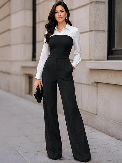 Contrast Shirt Collar Wide Leg Jumpsuit
