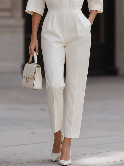 White Stand Collar Patch Pocket 3/4 Sleeve Tailored Ankle Jumpsuit