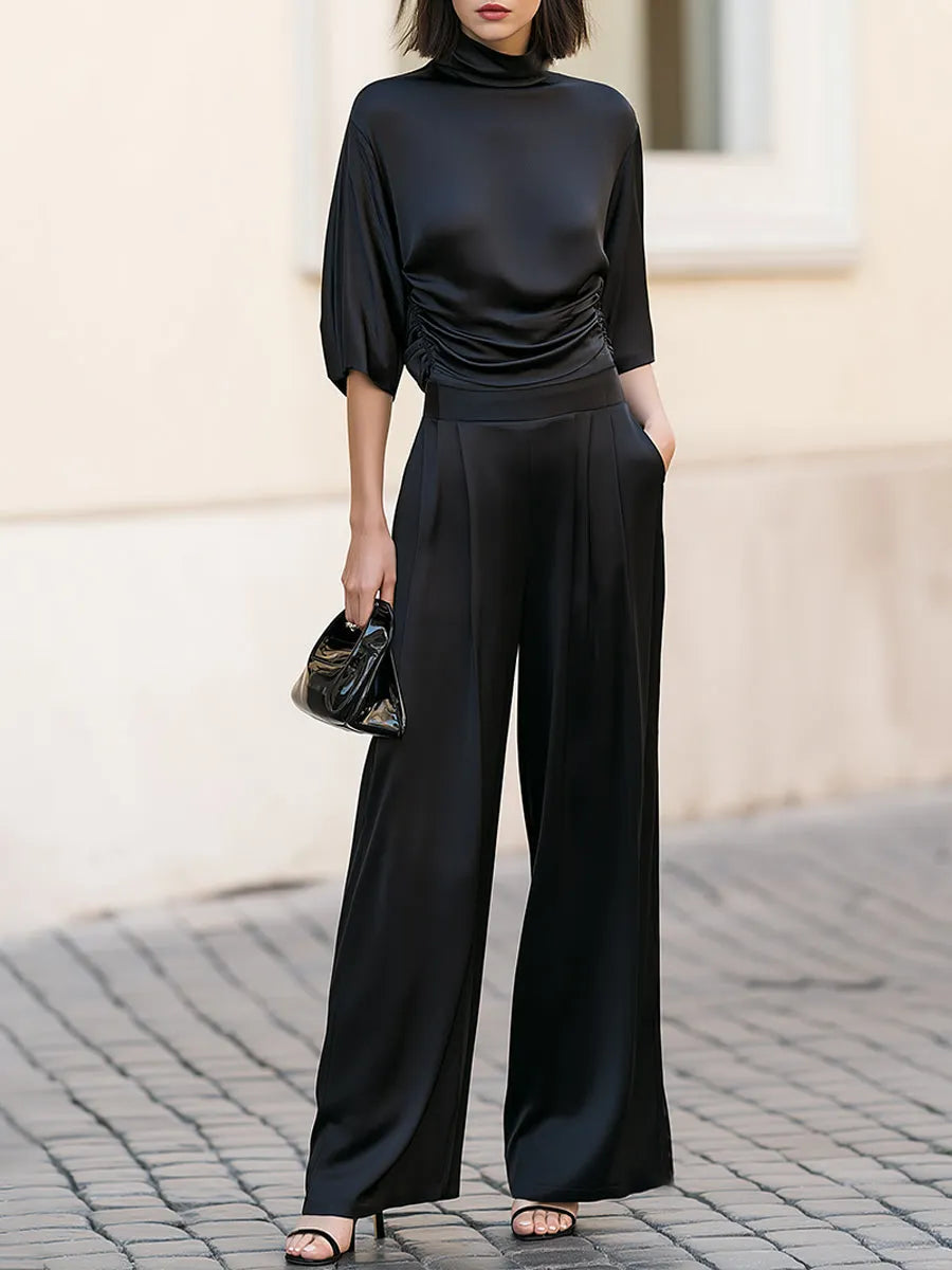 Draped High-Neck Satin Top & Wide-Leg Trouser Set