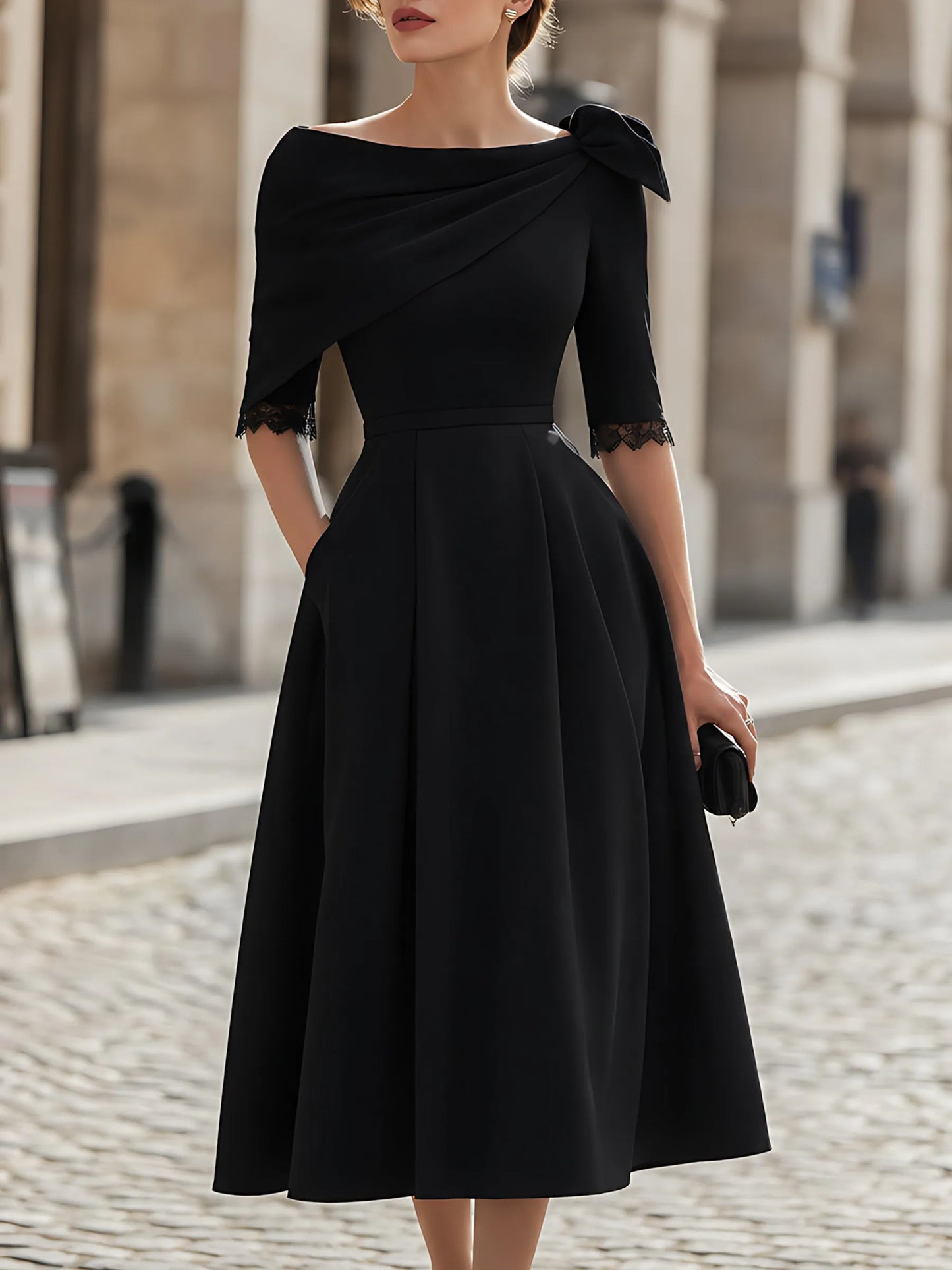 Lace-Cuff Draped-Collar Midi Dress