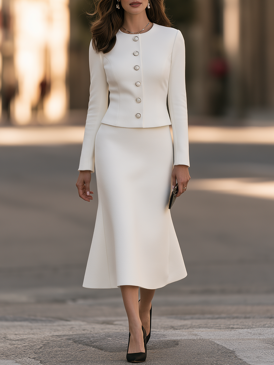 Round-Neck Pearl-Button Fitted Jacket And Fishtail Midi Skirt Set
