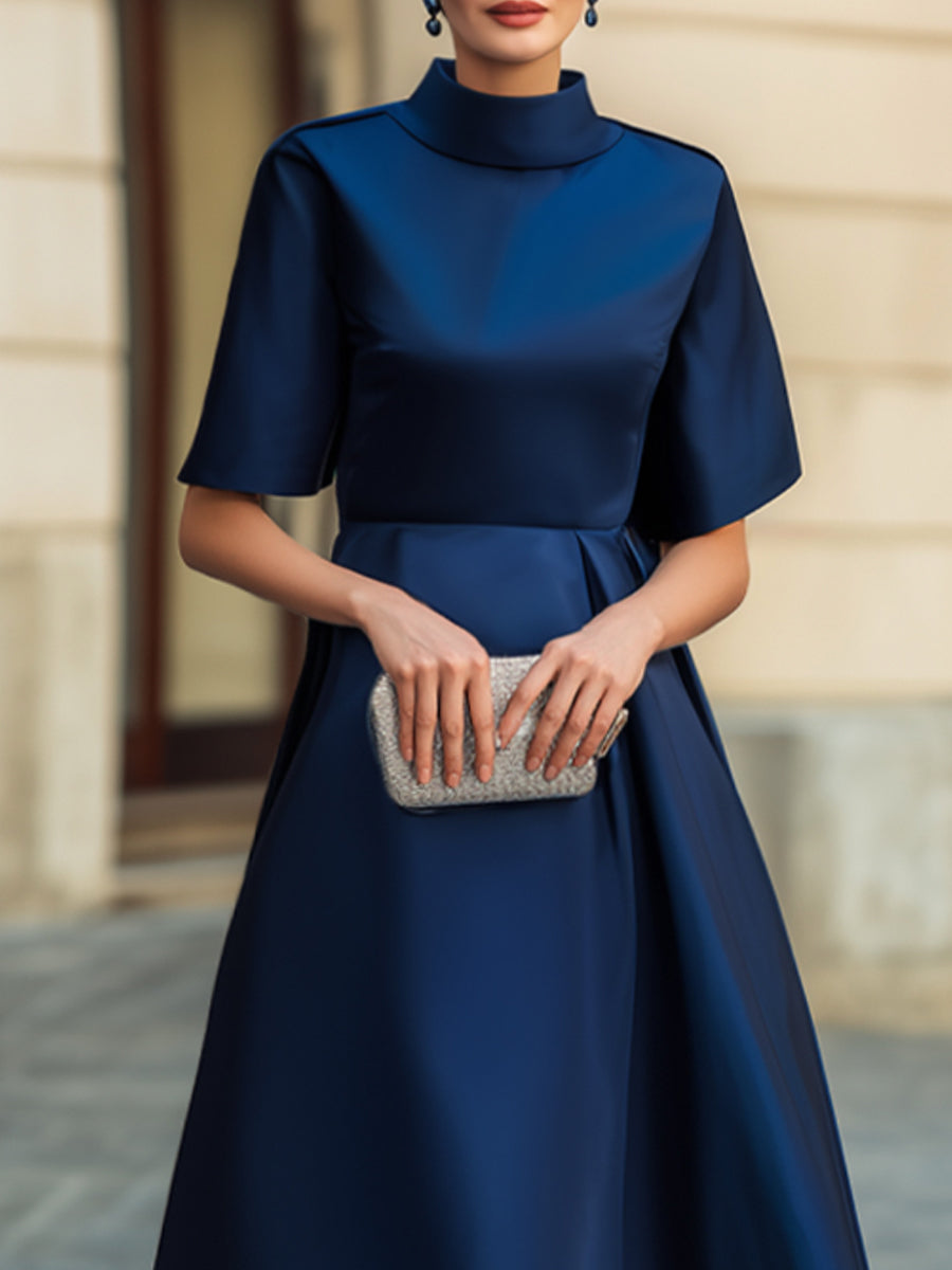 Mock Neck Short Sleeve Glossy Satin Tailored Waist Full A-Line Midi Dress