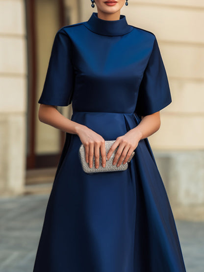 Mock Neck Short Sleeve Glossy Satin Tailored Waist Full A-Line Midi Dress