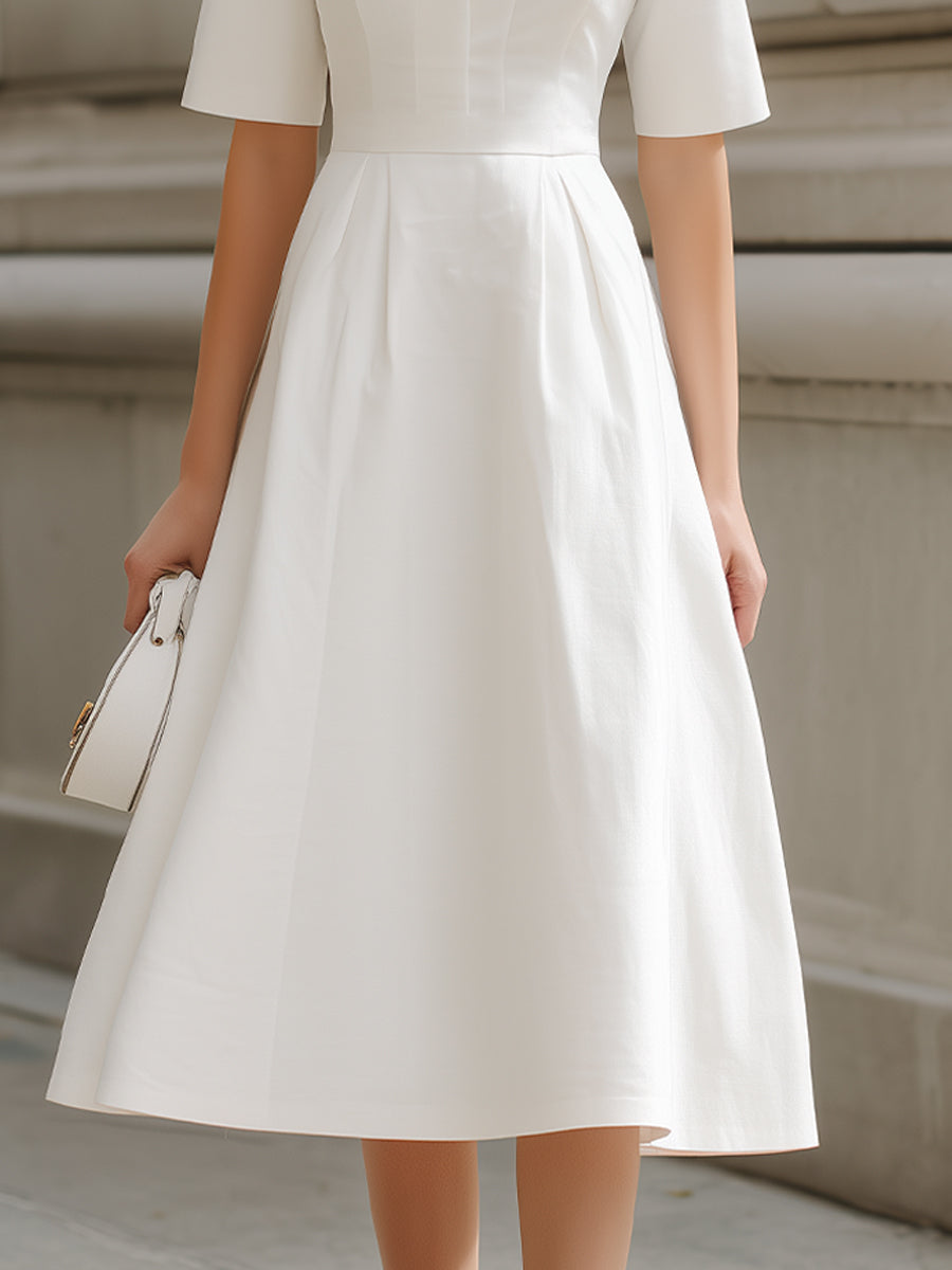 Stand Collar V-Neck Fit-and-Flare Midi Dress