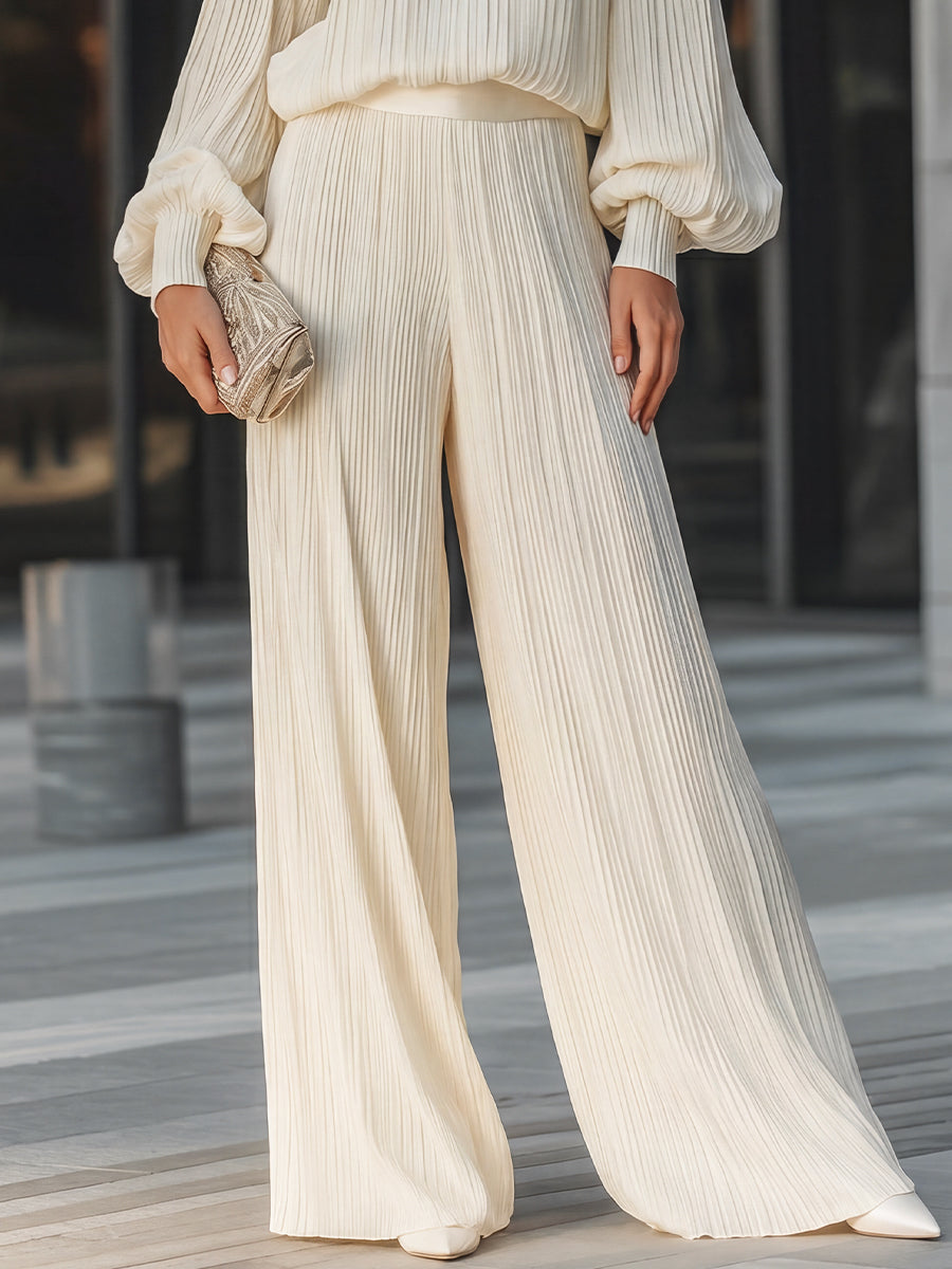 Vertical Pleated Flowing Wide-Leg Two-Piece Set