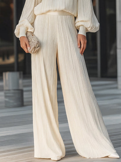 Vertical Pleated Flowing Wide-Leg Two-Piece Set