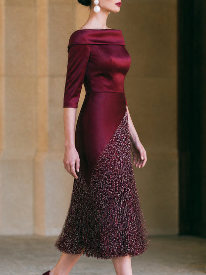 Off-Shoulder Satin Sequin Fringe Midi Dress