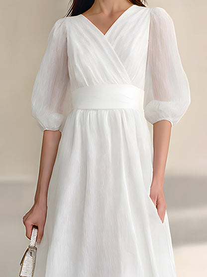 White Pleated Chiffon Wrap Front Puff Sleeve Maxi Dress