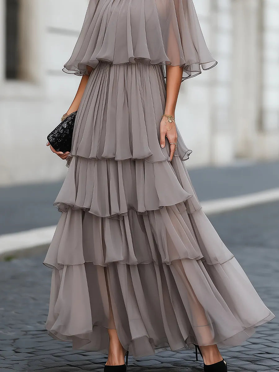 Tiered Pleated Cape Maxi Dress