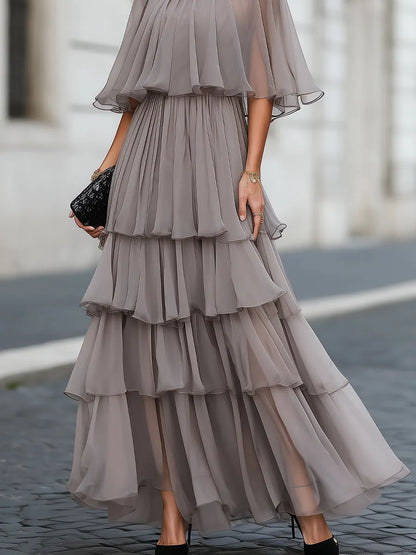Tiered Pleated Cape Maxi Dress