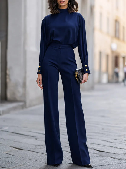 High-Neck Blouson Top And Wide-Leg Pants Set