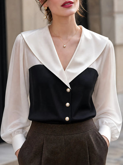Satin Contrast-Collar Chiffon-Sleeve Blouse