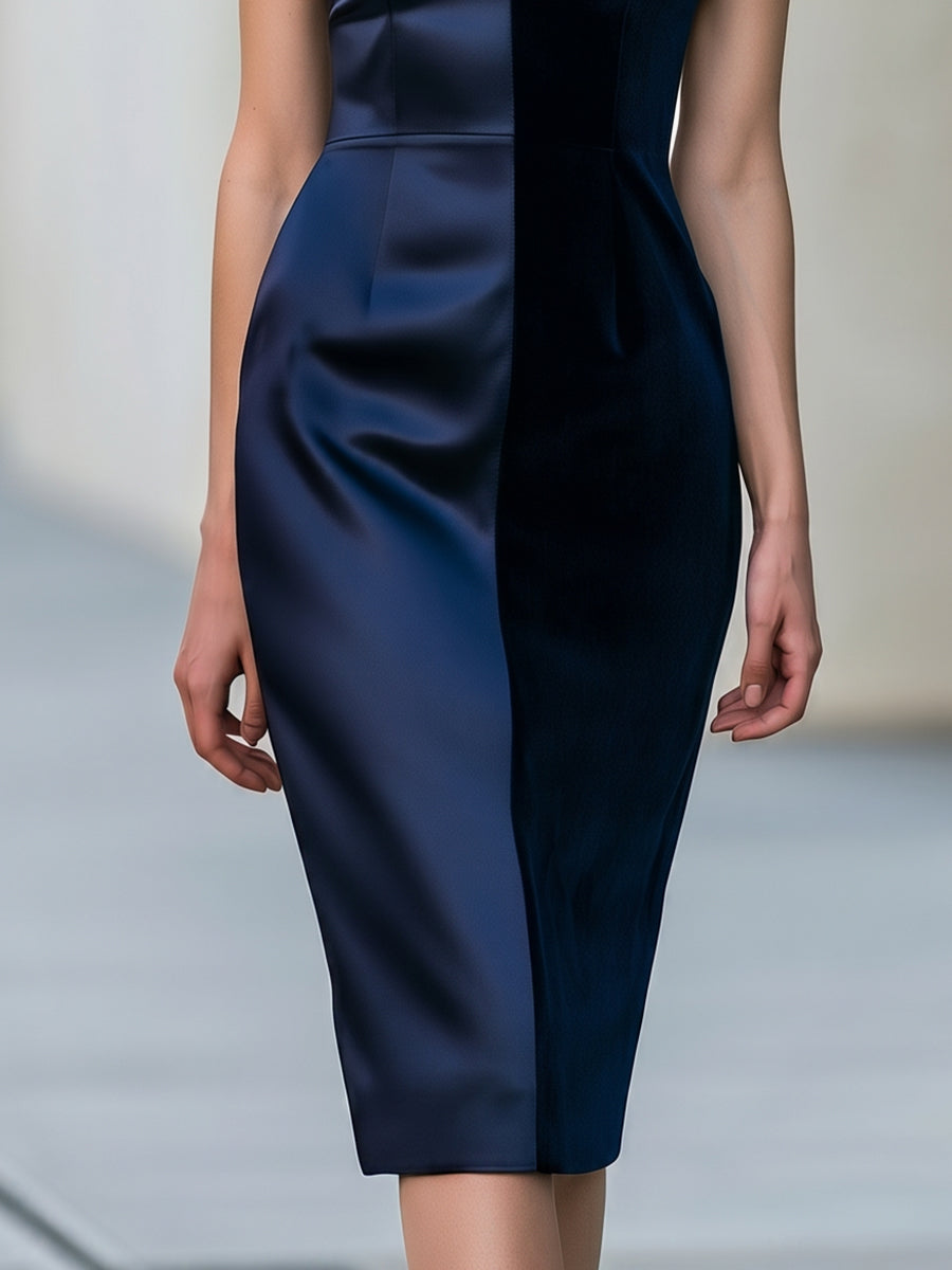 Sleeveless Colorblock Mock Neck Sheath Midi Dress