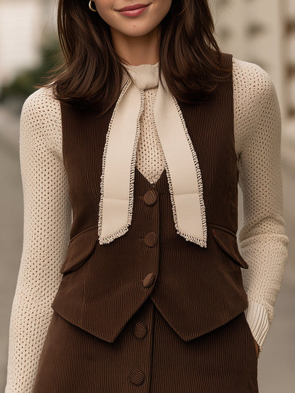 Bow-Neck Knit Top, Tailored Vest And A-Line Skirt Set