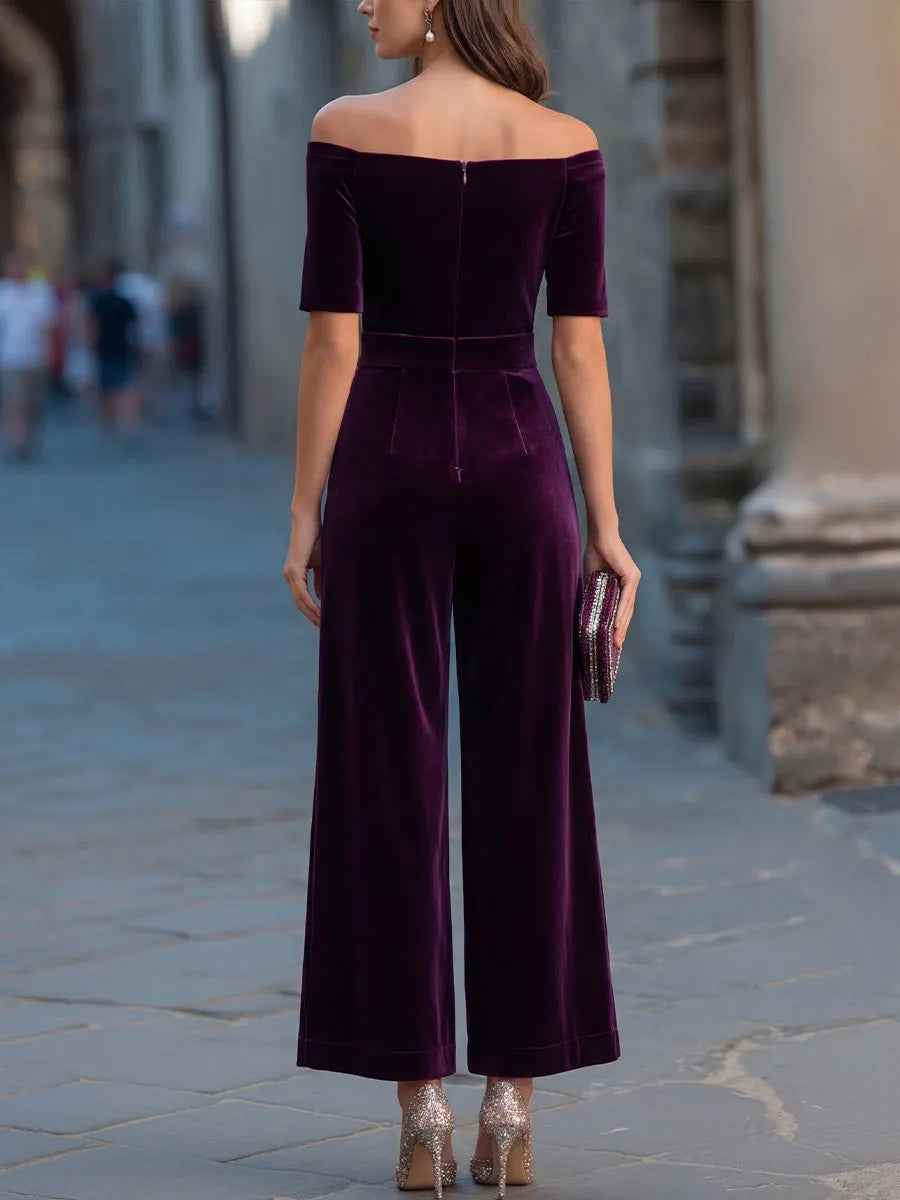 Off-Shoulder Velvet Short Sleeve Wide Leg Jumpsuit