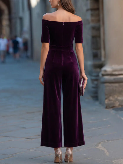 Off-Shoulder Velvet Short Sleeve Wide Leg Jumpsuit