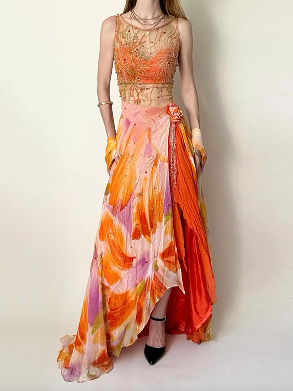 Sequinned Flower Sleeveless round-Neck mesh splicing asymmetric Maxi Dresses Fairytale Dress