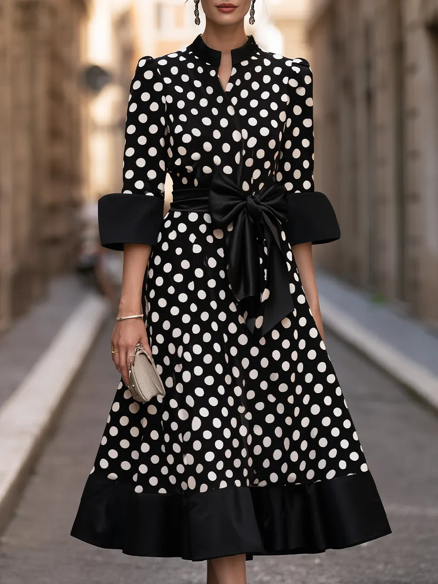 Polka-Dot Bow-Waist Midi Dress With Flounce Hem