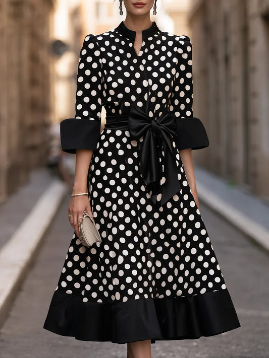 Polka-Dot Bow-Waist Midi Dress With Flounce Hem