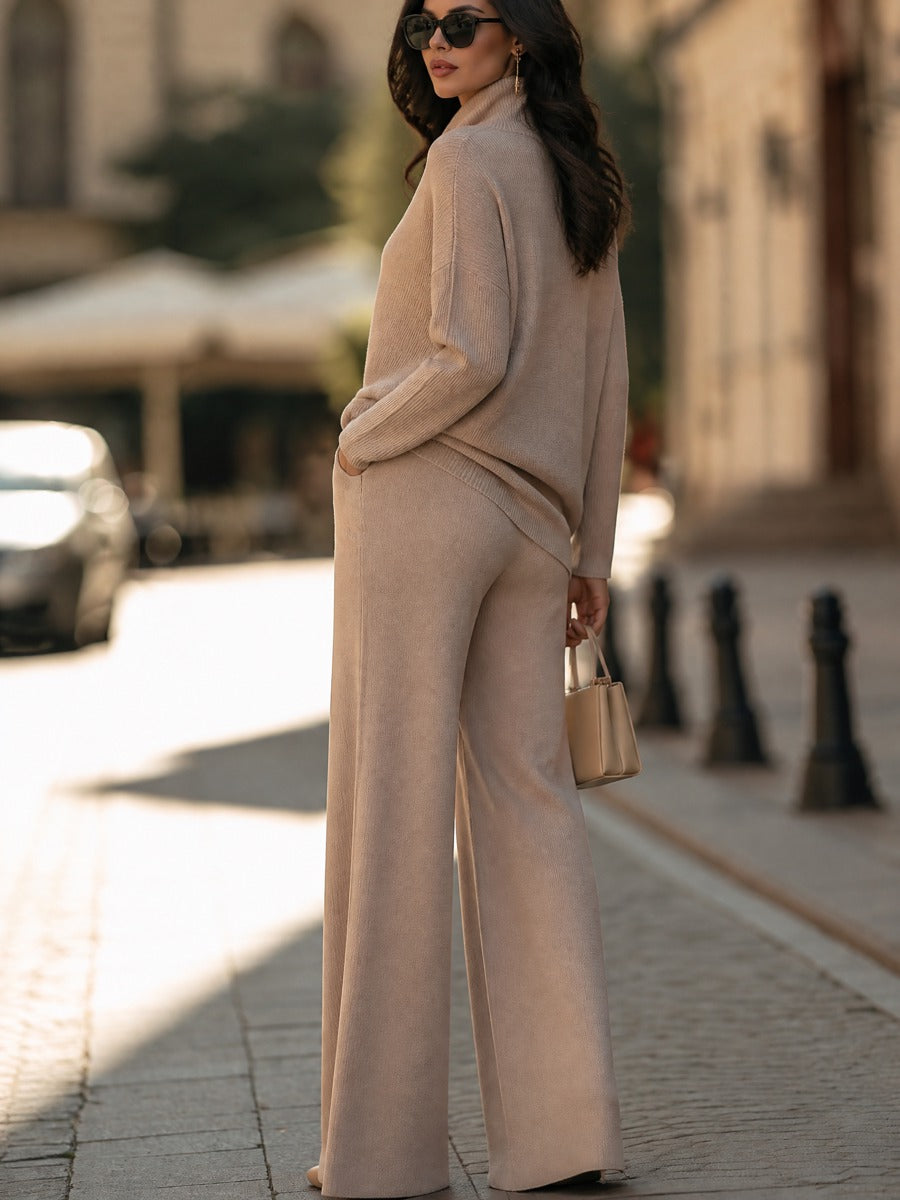Draped Turtleneck Knit Top Wide-Leg Pants Set
