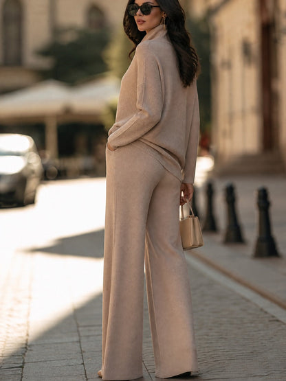 Draped Turtleneck Knit Top Wide-Leg Pants Set