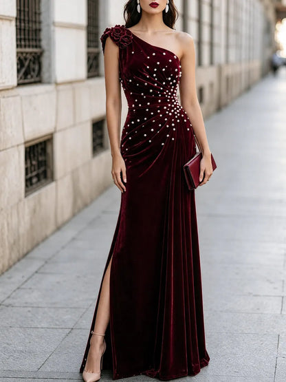 Velvet One-shoulder Pearl-embellished Evening Gown