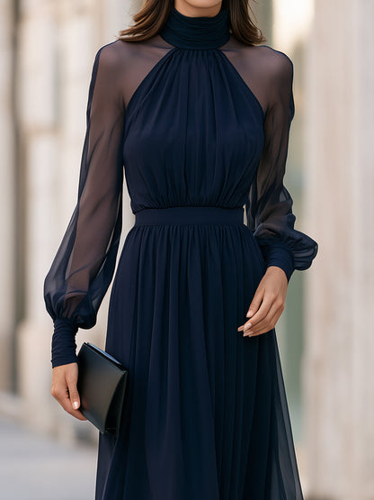 Elegant High Neck Sheer Sleeve Pleated Maxi Dress Draped Silhouette