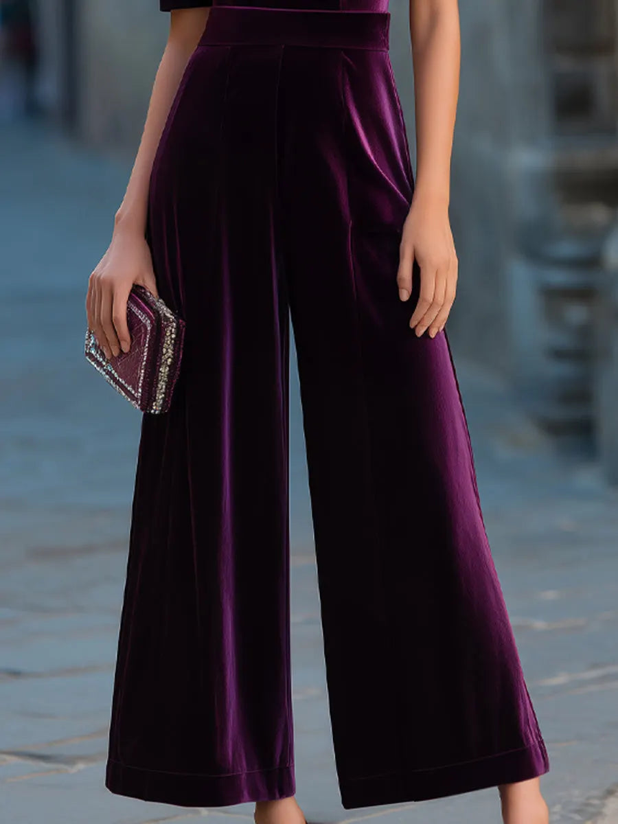Off-Shoulder Velvet Short Sleeve Wide Leg Jumpsuit