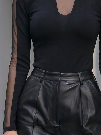 Sheer Mesh Panel Long-Sleeve Knit Top
