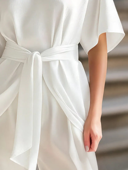 Elegant Mock Neck Front Keyhole Detail Waist-Tie Blouse