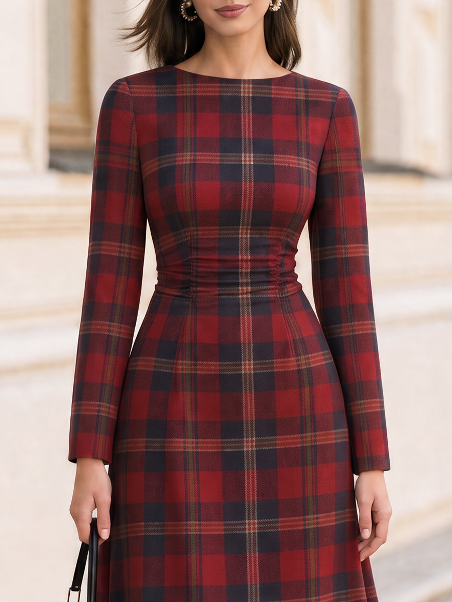 Round Neck Long Sleeve Waist Gathered A‐Line Midi Dress