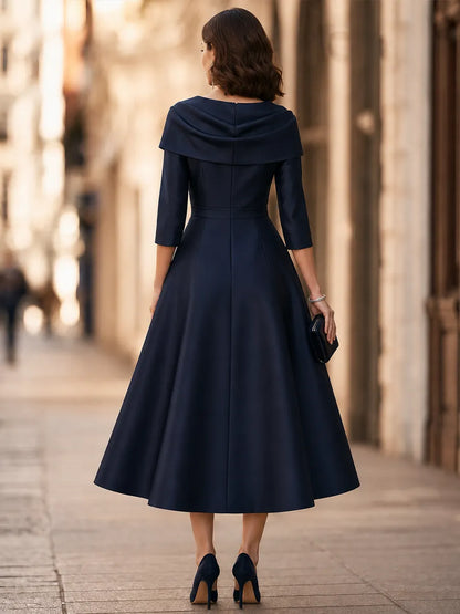 Draped Shawl-Collar Lace-Panel Midi Dress
