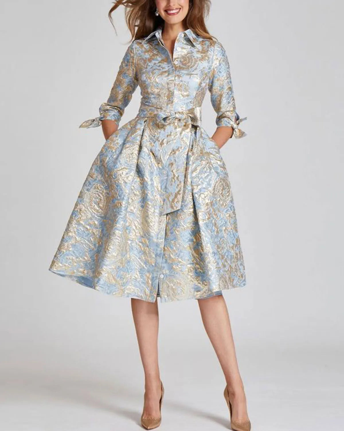 Metallic Pattern Jacquard Shirtdress