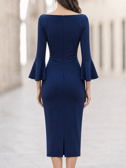 Elegant Off-Shoulder Bell Sleeve Bodycon Midi Dress