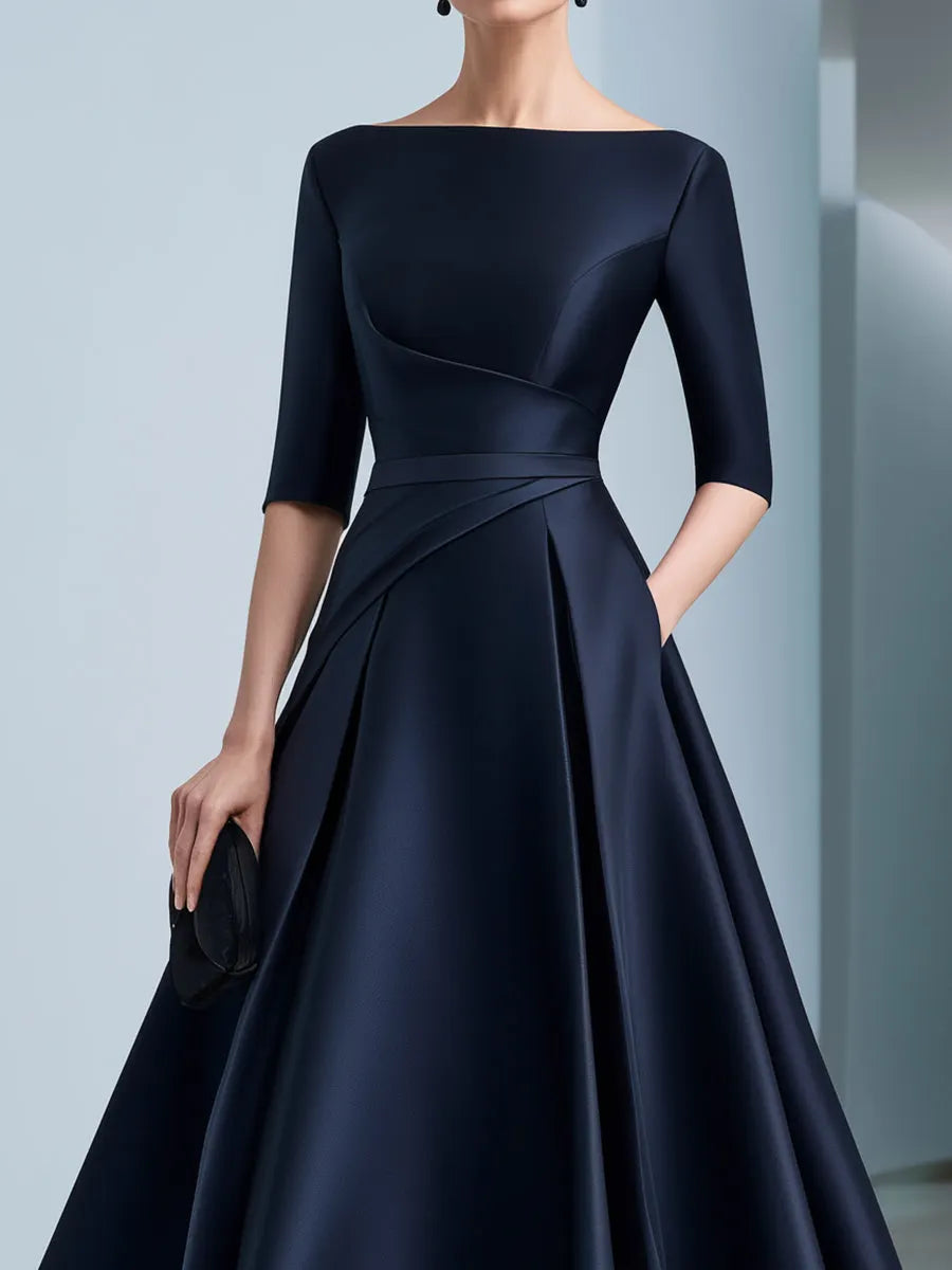 Draped Waist Bateau Neck Satin A-Line Evening Gown