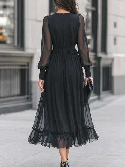 Ruffle Detail Sheer Sleeve Chiffon Midi Dress