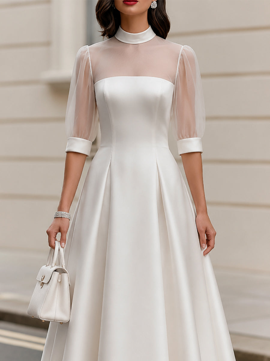 Sheer Mesh Puff 3/4 Sleeve Satin Midi A-Line Wedding Guest Dress