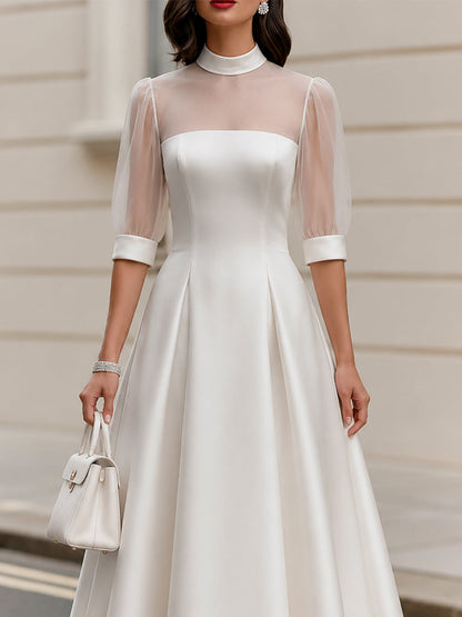 Sheer Mesh Puff 3/4 Sleeve Satin Midi A-Line Wedding Guest Dress