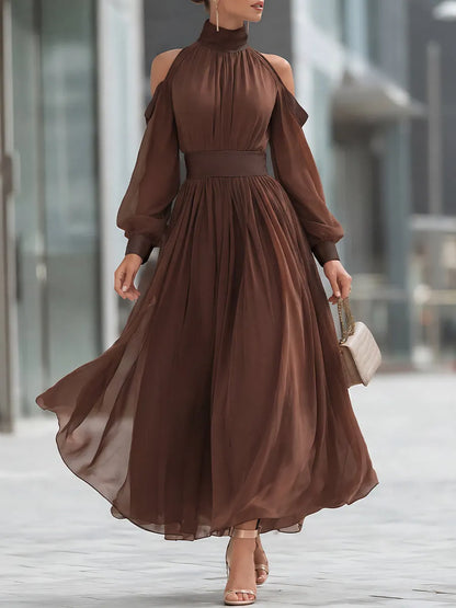 Cold-Shoulder Pleated Chiffon Maxi Dress