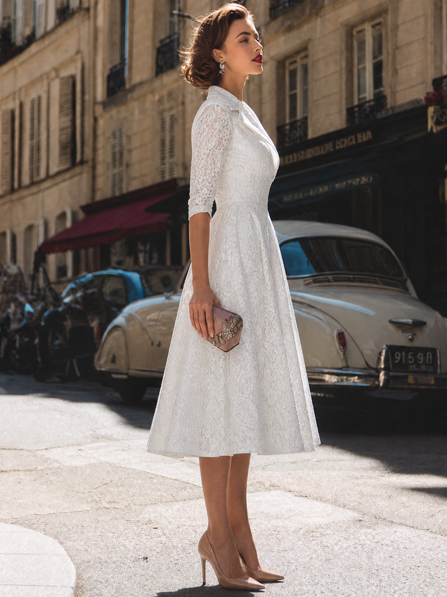Vintage Lace Notch Collar Fit-and-Flare Midi Dress