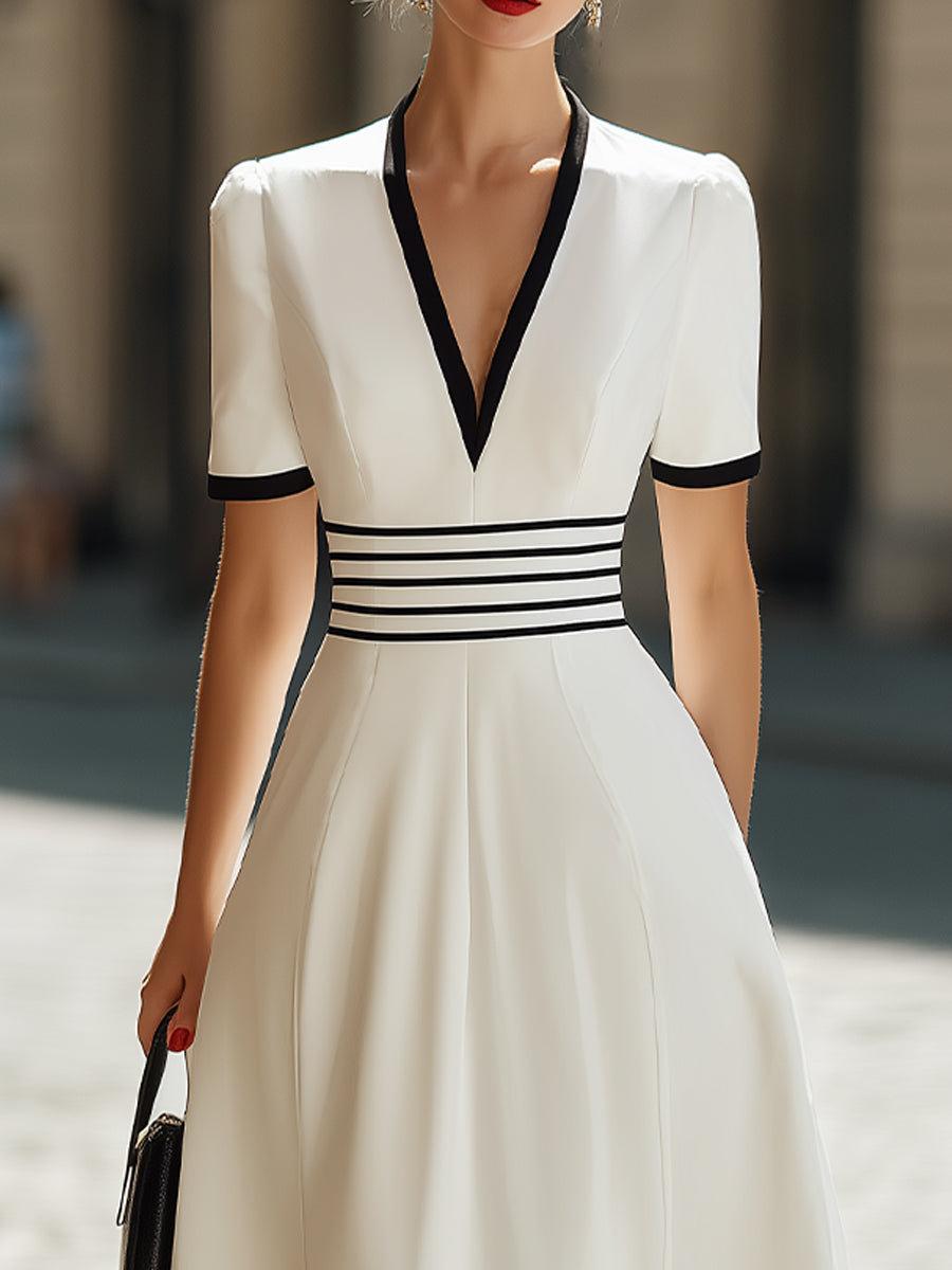 Deep V-Neck Black Trim Short-Sleeve A-Line Midi Dress