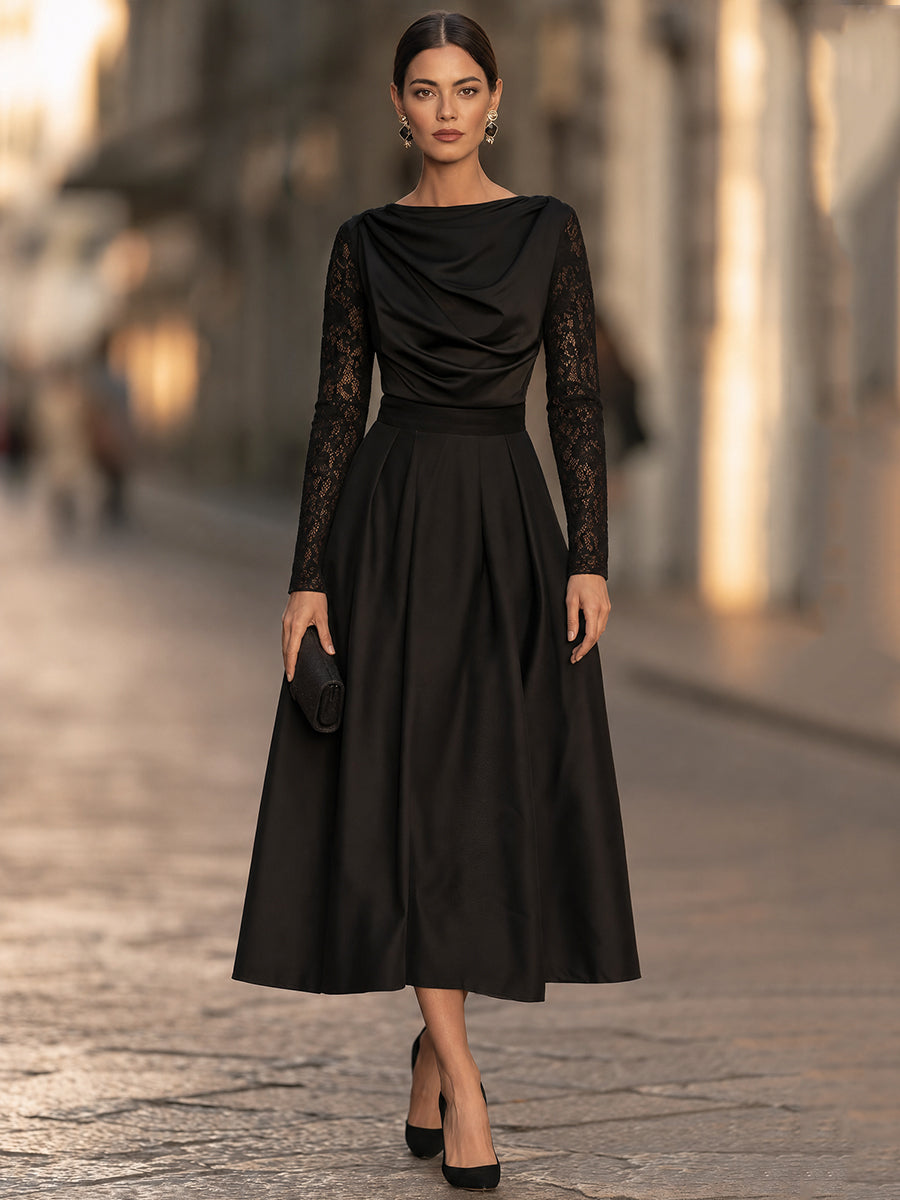 Elegant Draped Cowl Neck Satin Lace Sleeves Midi Dress