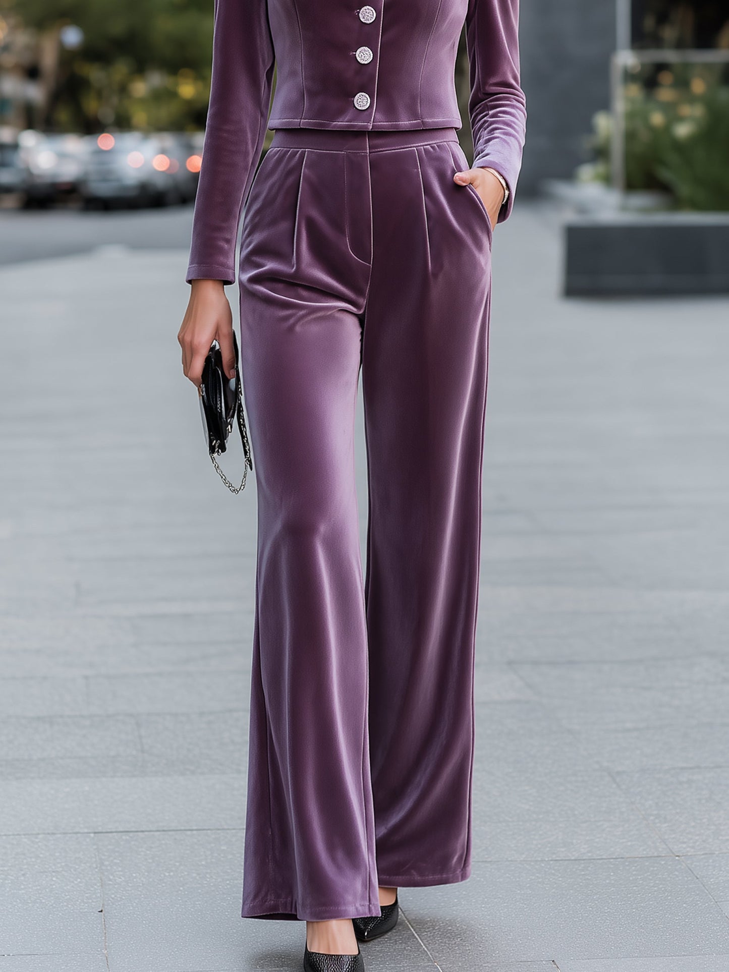 Velvet Button-Front Jacket And Wide-Leg Trouser Set
