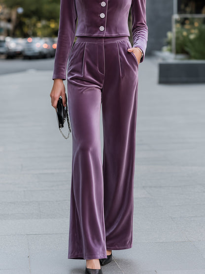 Velvet Button-Front Jacket And Wide-Leg Trouser Set