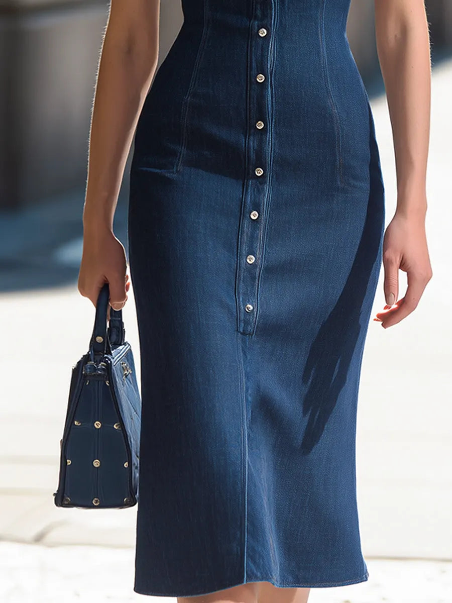 Tailored Sleeveless Denim Midi Dress