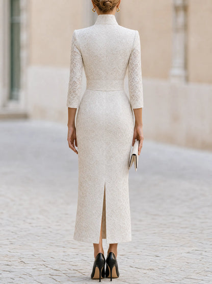 Ivory Lace Wrap-Collar Maxi Dress(Paired with a lace belt)