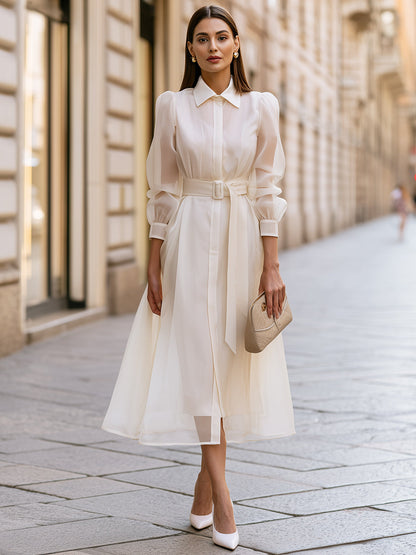 Elegant Belted Sheer Sleeve Shirt Maxi Dress
